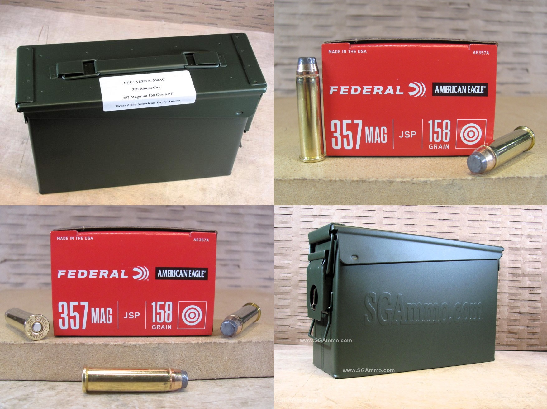 350 Round Can – 357 Magnum Federal American Eagle 158 Grain Jacketed Soft Point Ammo – AE357A – Packed in M19A1 Canister