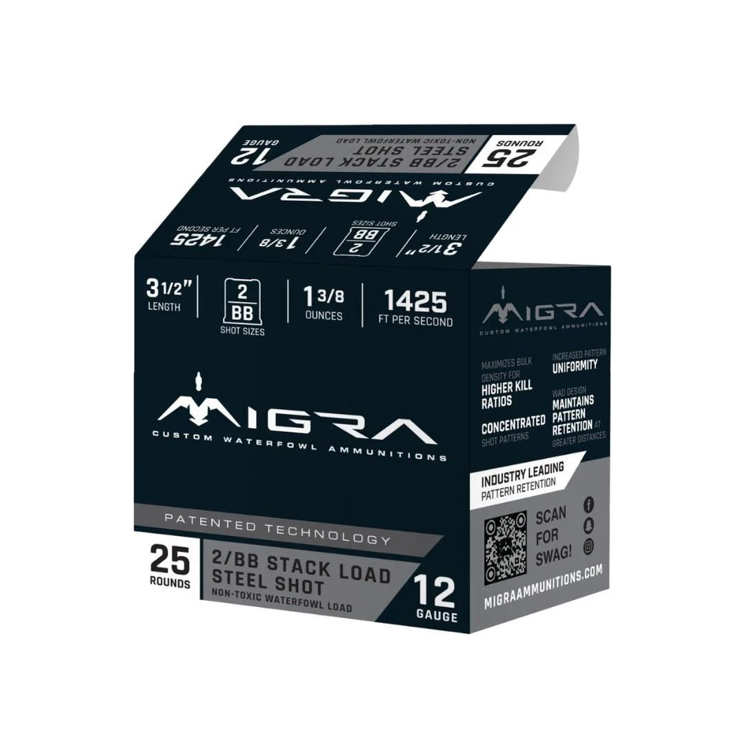 Migra Steel Waterfowl Stacked Shotshells 12ga 3.5" 1-3/8oz 1425 fps #2 #BB 25/ct