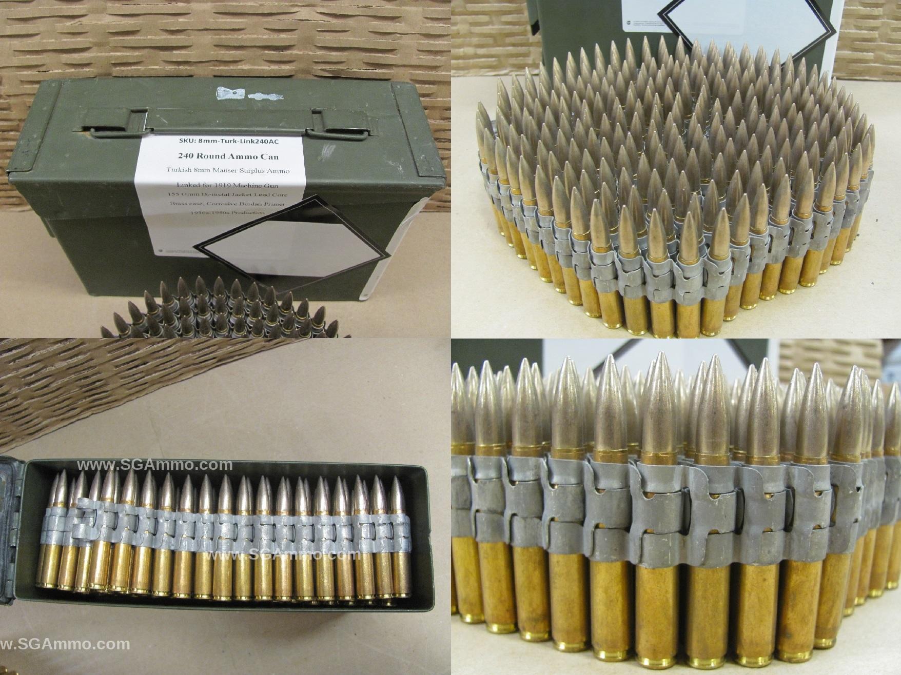 240 Round Can – 8mm Mauser 155 Grain FMJ Turkish Surplus Ammo Linked For 1919 Machine Gun in M19A1 Canister