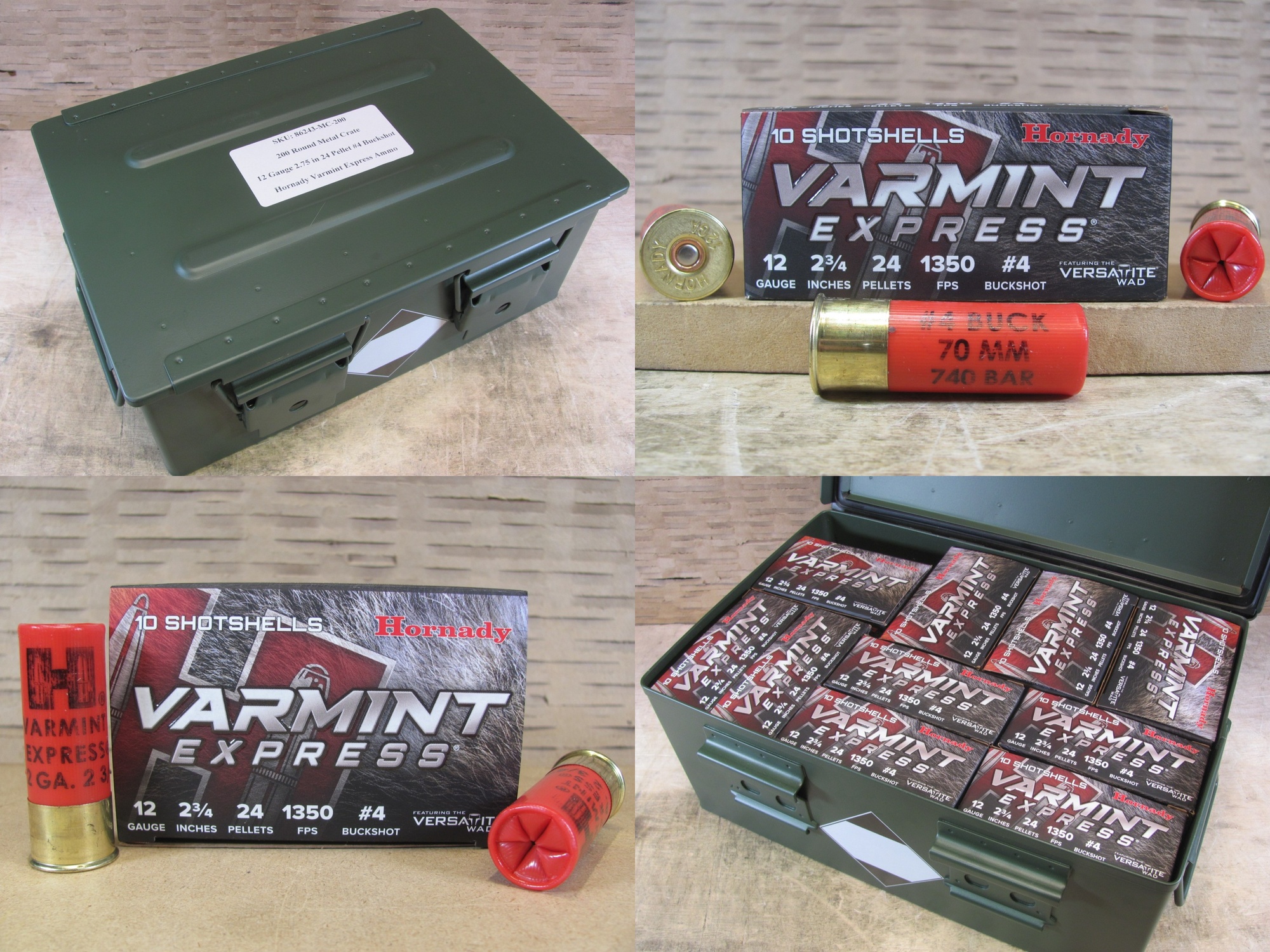 200 Round Metal Crate Canister – 12 Gauge 2-3/4 Inch Number 4 Buckshot Varmint Express Hornady Ammo – 86243