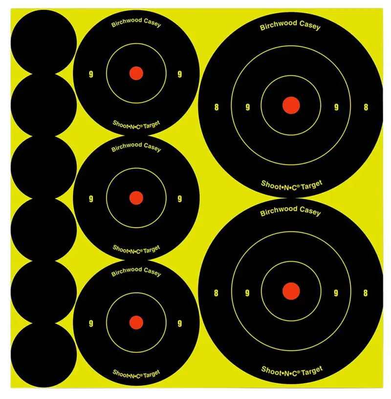 Birchwood Casey 34608 Shoot-N-C Reactive Target Variety Pack Self-Adhesive Paper Black/Yellow Bullseye 132 Pack