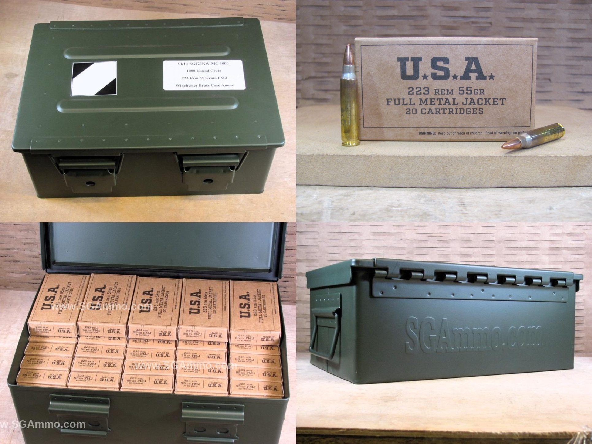 1000 Round Metal Crate Canister – 223 Rem 55 Grain FMJ Winchester Ammo – SG223KW