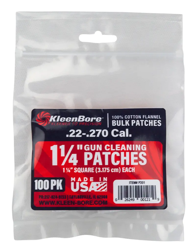 KleenBore P201 Super Shooter .22 - .270 Cal 1.25" 100% Cotton Flannel 100 Per Pack