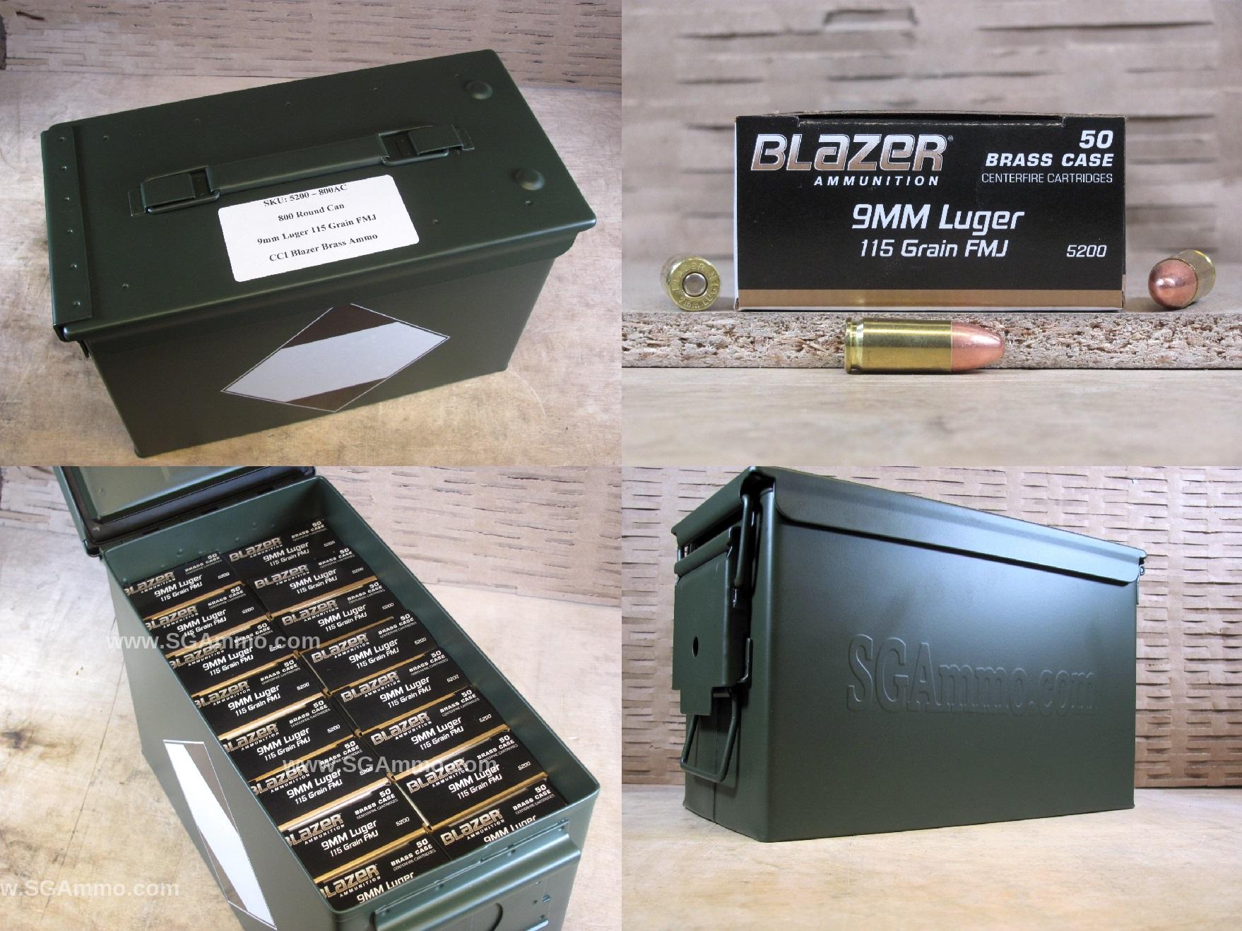800 Round Can – 9mm Luger CCI Blazer Brass 115 Grain FMJ Ammo – 5200 – Packed in M2A1 Canister