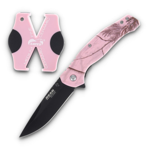 Bear-Son Bear & Son Edge Brisk 2.0 Folding Knife & Sharpener Combo Drop Point Blade Pink Camo
