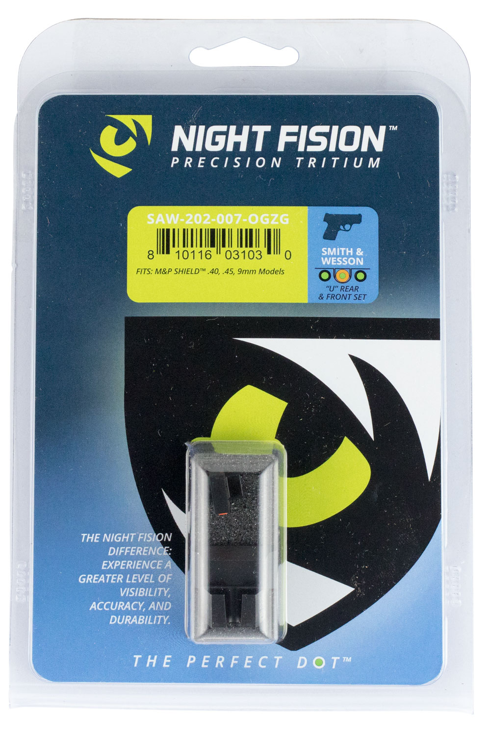 Night Fision Night Sight Set for Smith & Wesson M&P Shield 40, 45, 9mm Pistols, Green with Orange Square Front, Green with Black U-Notch Rear - SAW-202-007-OGZG