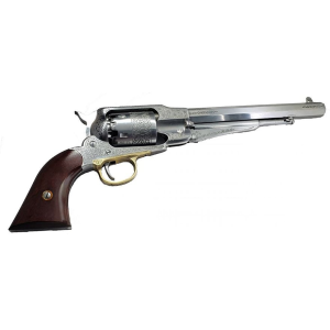 Uberti 1858 Remington Black Powder Revolver 44 Caliber 8" Engraved Stainless Barrel White Heat Treated Frame Walnut Grip