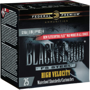 Federal PWBXH1434 Black Cloud F S Steel High Velocity 12GA 3\" 1 1/8oz #4 Shot - 25sh Box