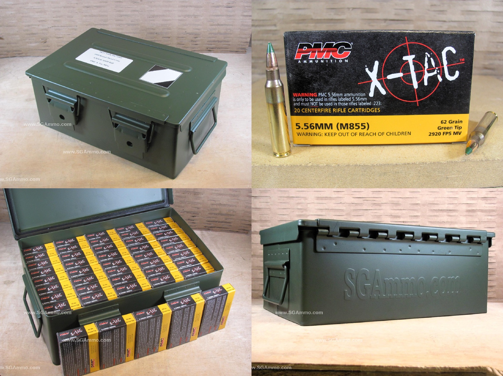 1000 Round Metal Crate Canister – 5.56 PMC X-TAC M855 62 Grain Green Tip FMJ LAP Ammo – 556K