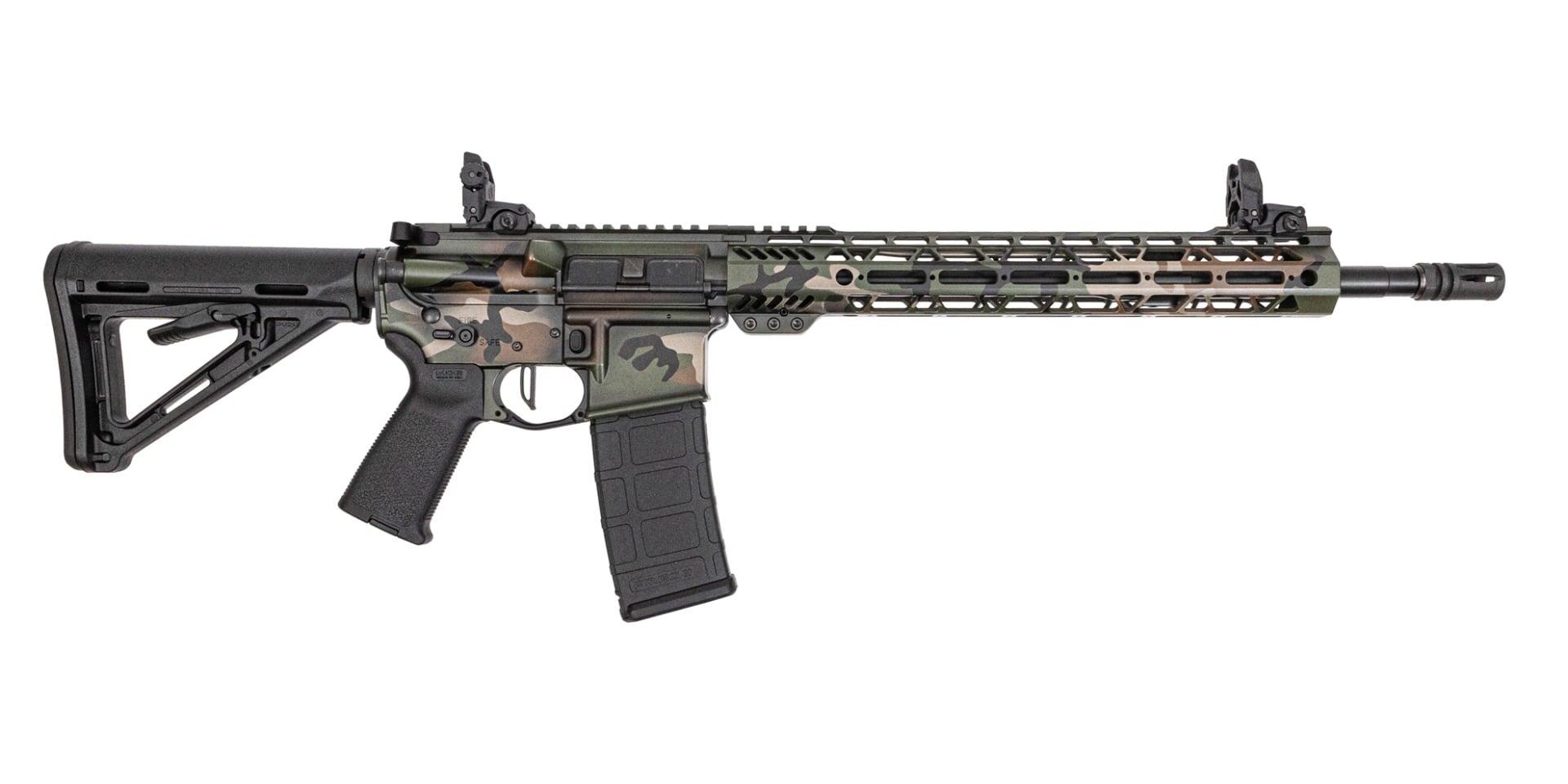 PSA Custom 5.56 16" Mid-Length Nitride 13.5" M-Lok Rifle W/ PSAC 3.5lb Flatbow FCG, Woodland Camo
