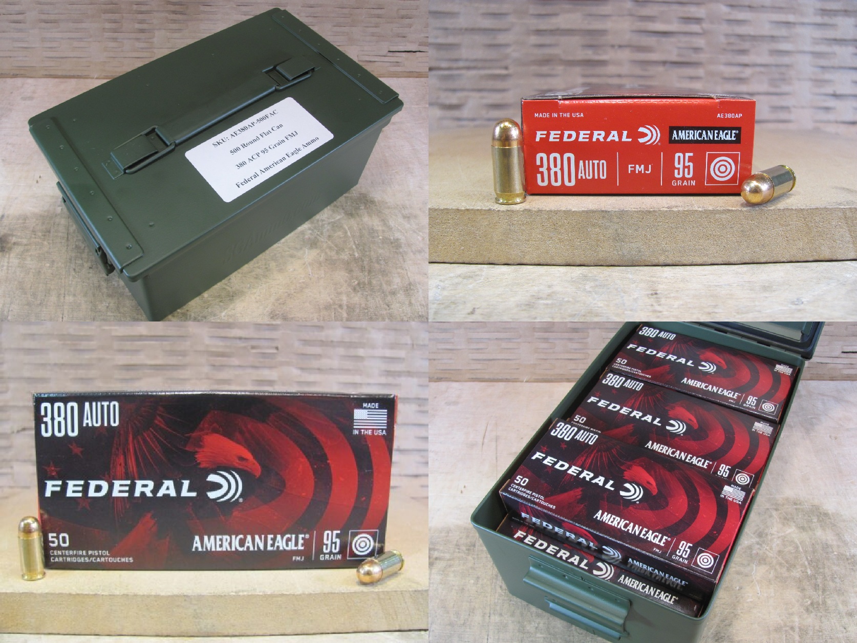 500 Round Flat Can – 380 ACP Federal American Eagle 95 Grain FMJ Ammo – AE380AP – Packed in Metal Canister