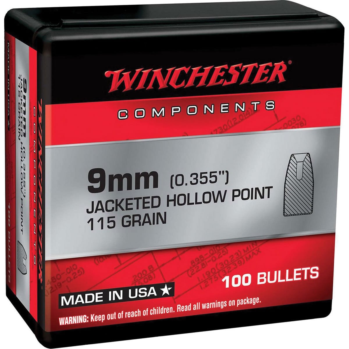 Winchester 9mm JHP Pistol Bullet, 115 gr 0.355" 100rds