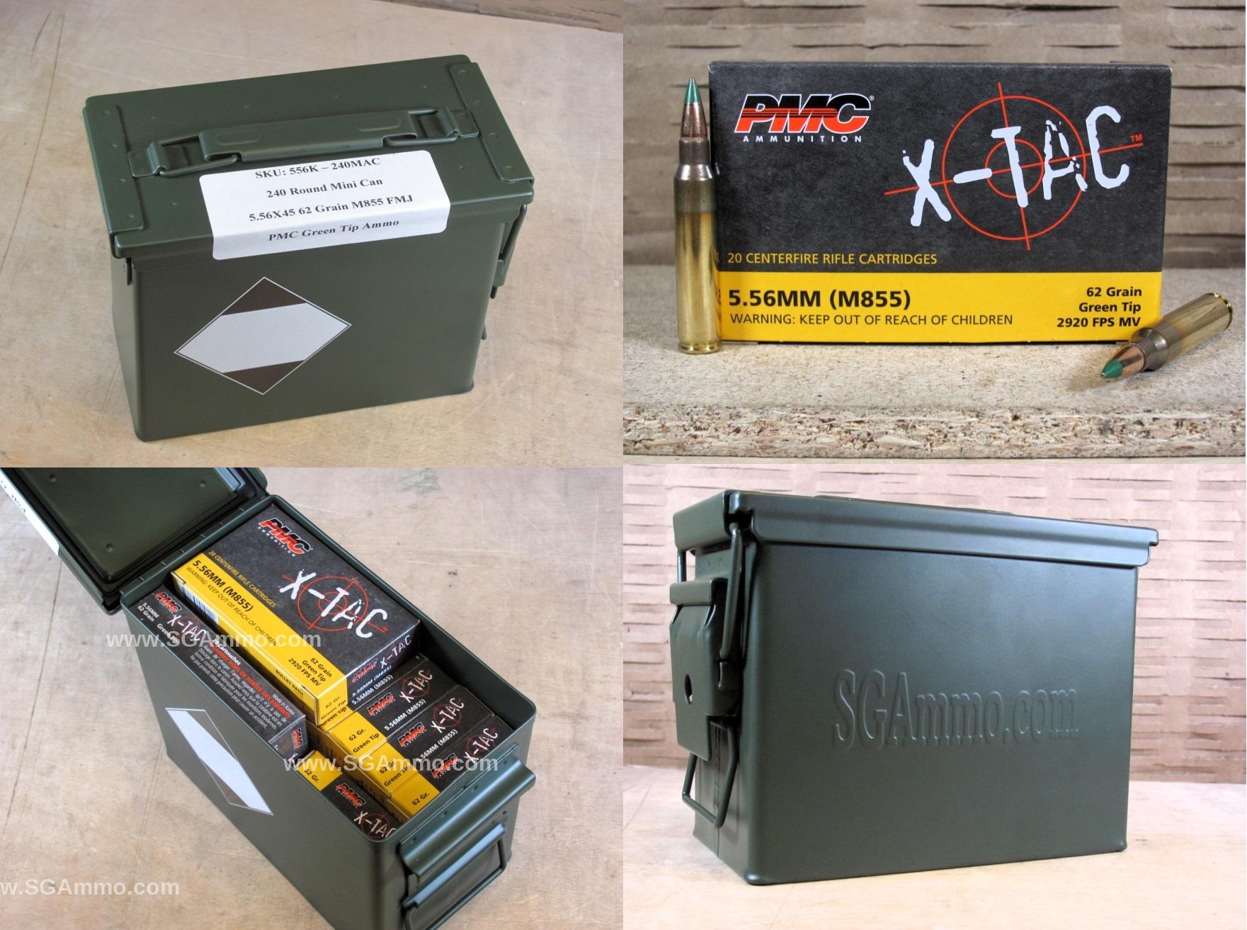 240 Round Can – 5.56 PMC X-TAC M855 62 Grain Green Tip FMJ Ammo – 556K – Packed in Mini Ammo Canister