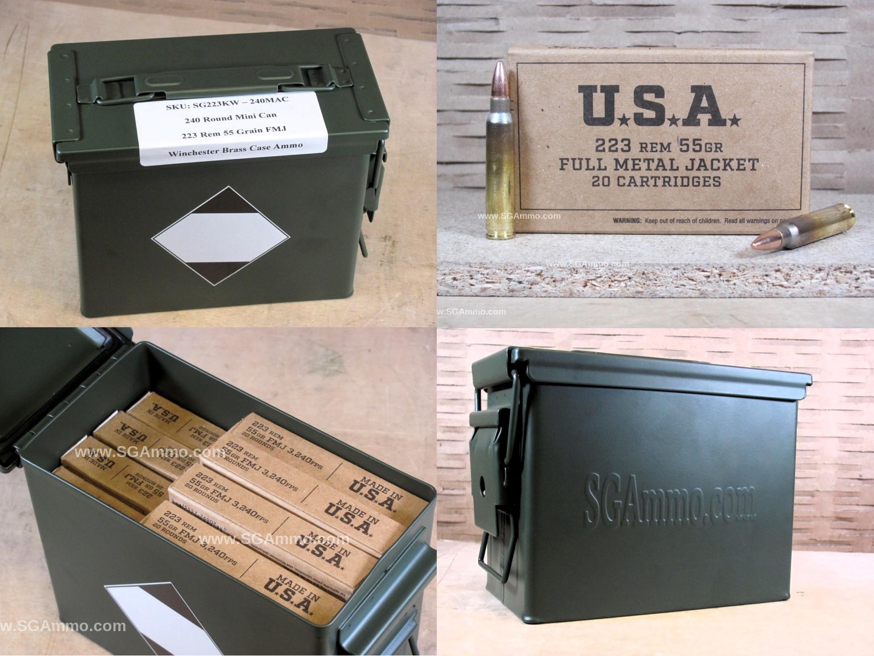 240 Round Can – 223 Rem 55 Grain FMJ Winchester Ammo – SG223KW – Packed in Mini Canister
