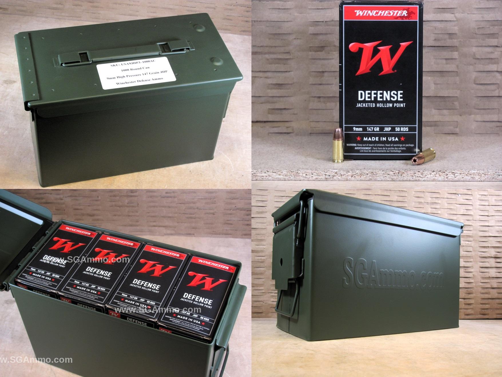 1000 Round Can – 9mm High Pressure 147 Grain Jacketed Hollow Point Winchester Defense Ammo – USA9JHP3 – Packed in M2A1 Canister
