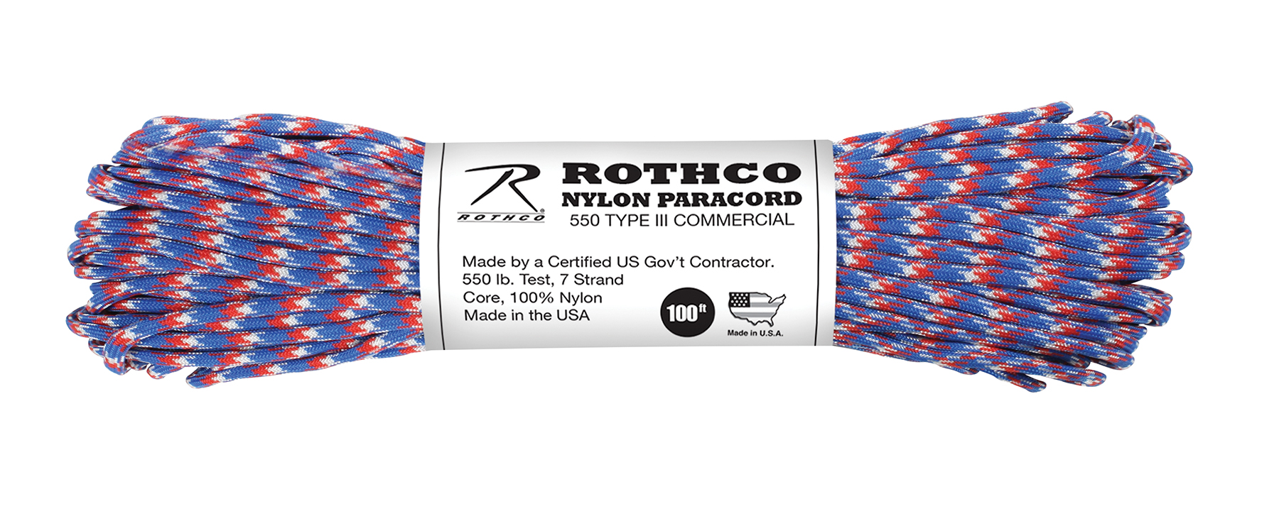 Rothco 550Lb Type III Nylon Camo Paracord - Red - White - Blue Camo, 100