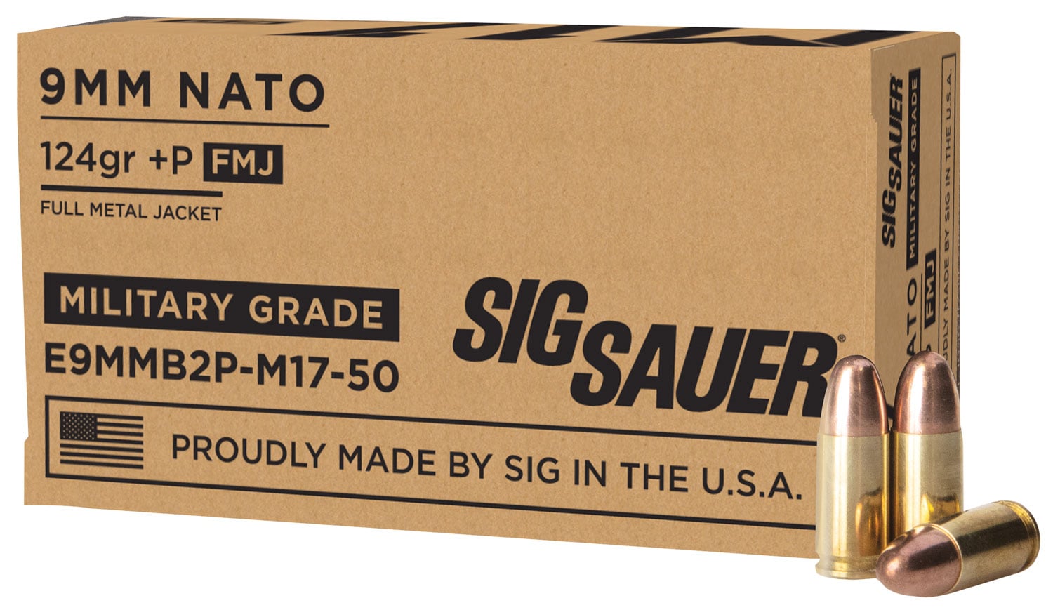 SIG Sauer Elite Ball 9mm +P Ammo 124 Grain FMJ, 50rds