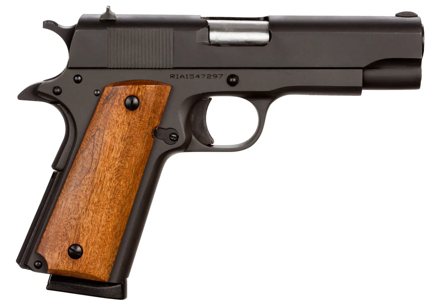 Rock Island 51417 GI Standard MS *CA Compliant 45 ACP Caliber with 4.20" Barrel, 8+1 Capacity, Overall Black Parkerized Finish Steel, Beavertail Frame, Serrated Slide Wood Grip
