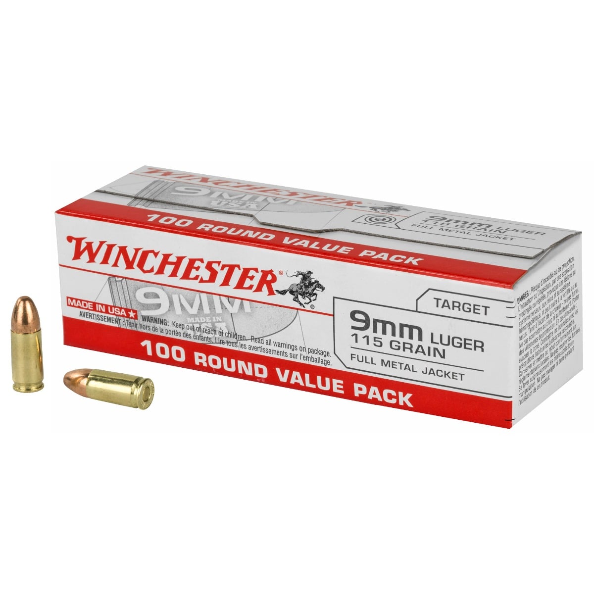 Winchester 115gr FMJ 9mm Ammunition, 100rds - USA9MMVP