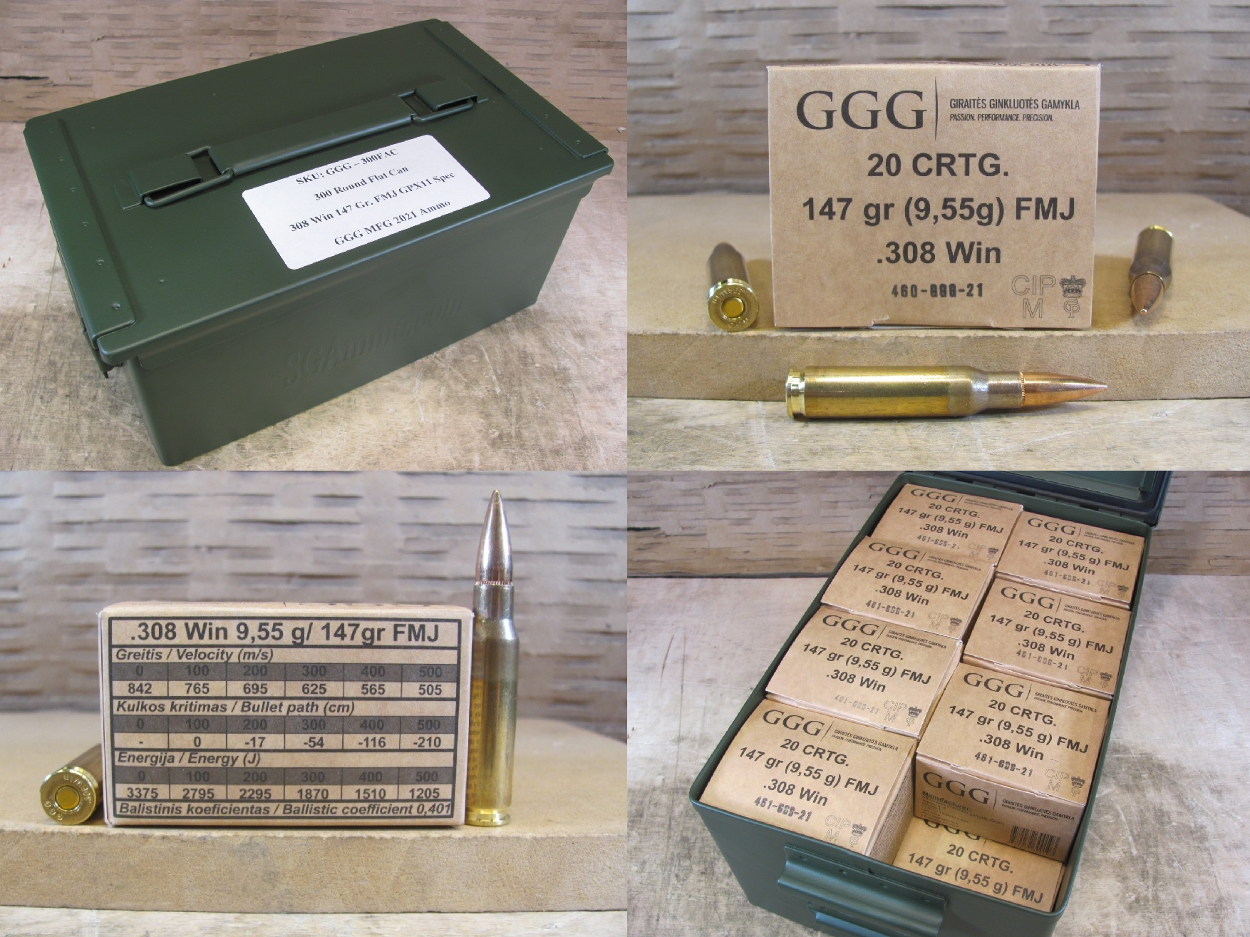 300 Round Flat Can – 308 Win 147 Grain FMJ GPX11 Spec Ammo Made in Lithuania by GGG – MFG Date 2021 – Packed in Metal Canister