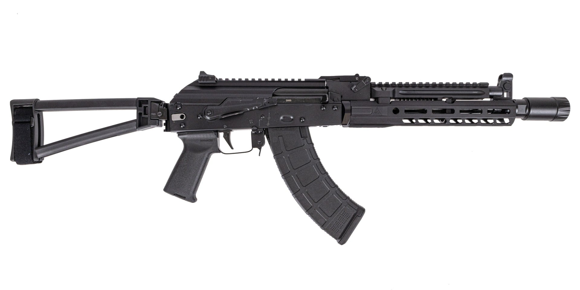 PSA AK-104 Triangle Side Folding Pistol with Triangle Brace, PSA-SLR SOLO 9.45" Rail, ALG Trigger, Hinged Dust Cover, and Linear Comp