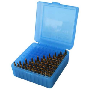 MTM Ammo Box 100rd Fliptop 22-250, 243, 308 Clr-Blu