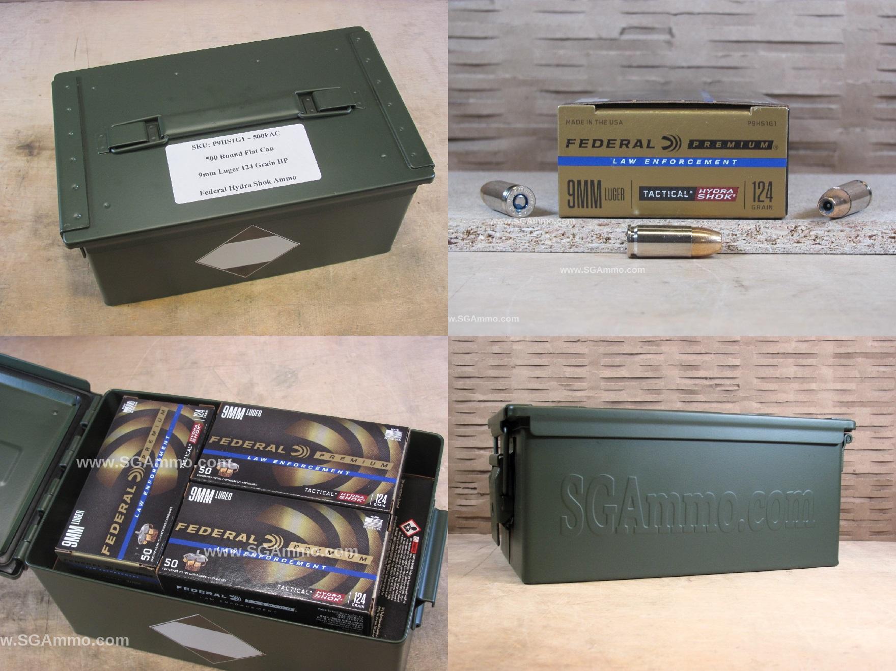 500 Round Flat Can – 9mm Federal Hydra Shok 124 Grain Hollow Point Ammo – P9HS1G1 – Packed in Metal Canister