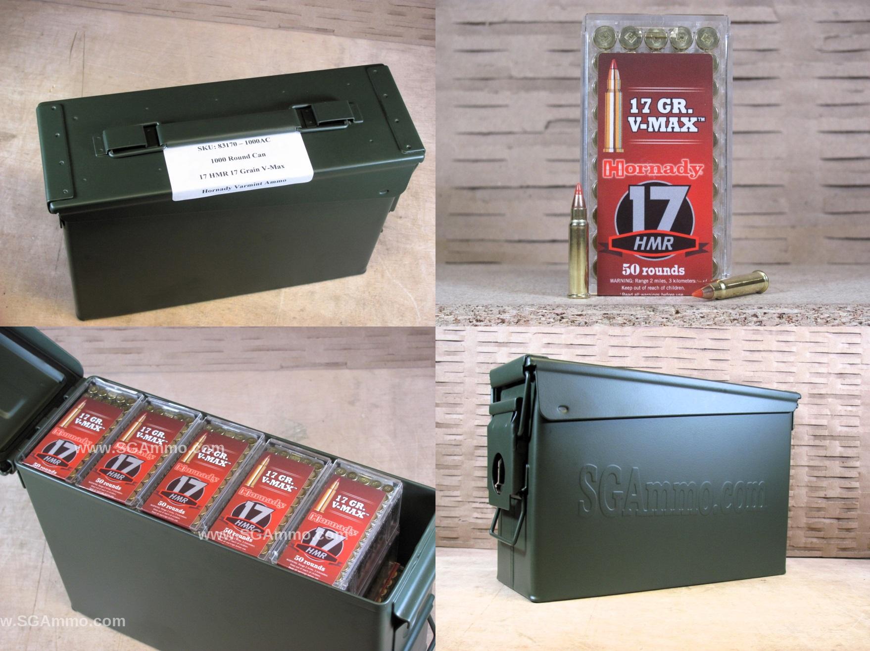 1000 Round Can – 17 HMR Hornady 17 Grain V-Max Ammo – 83170 – Packed in M19A1 Canister