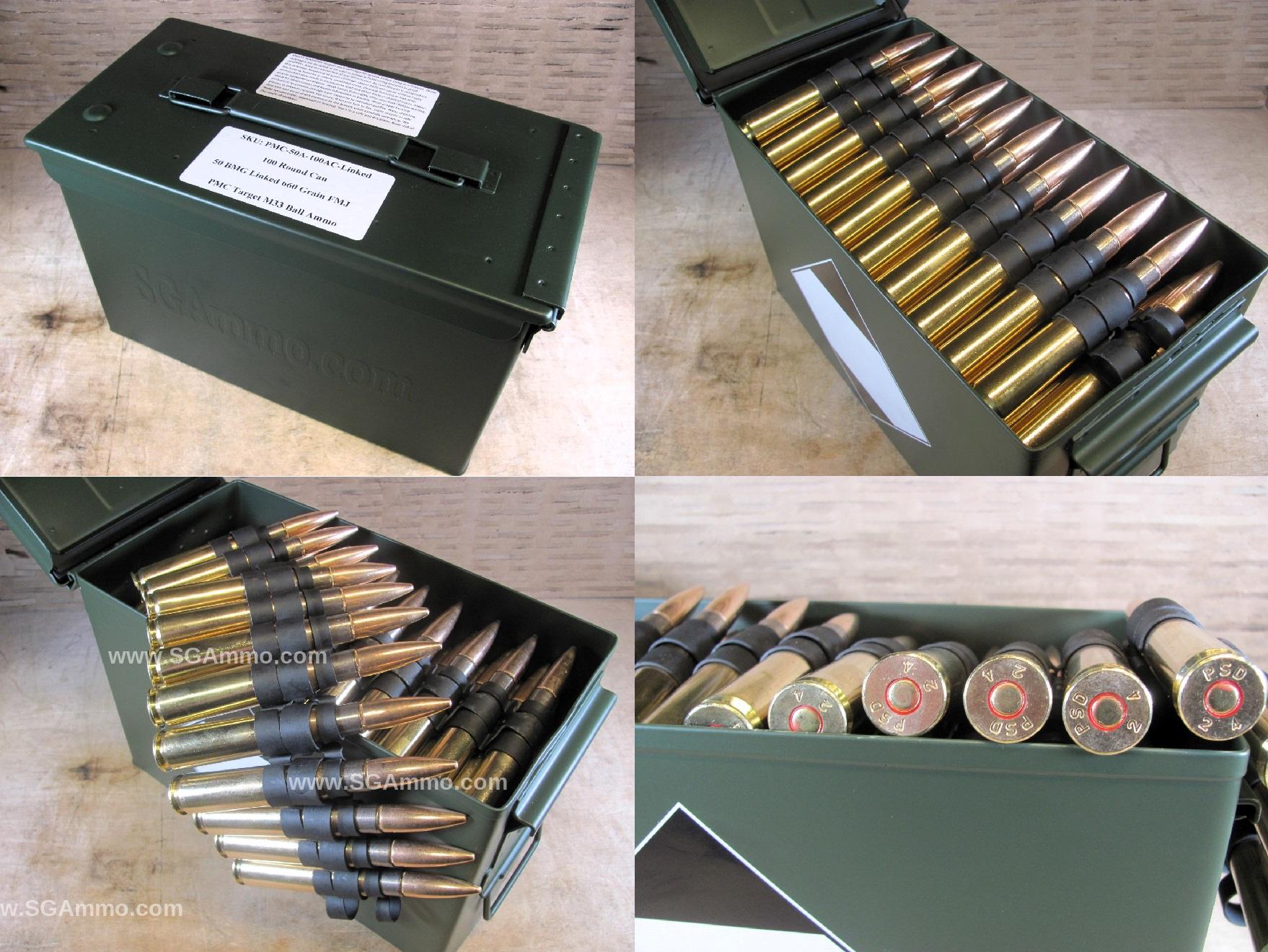 100 Round Can – 50 BMG Linked PMC Target 660 Grain FMJ M33 Ball Ammo – 50A – Packed in M2A1 Canister