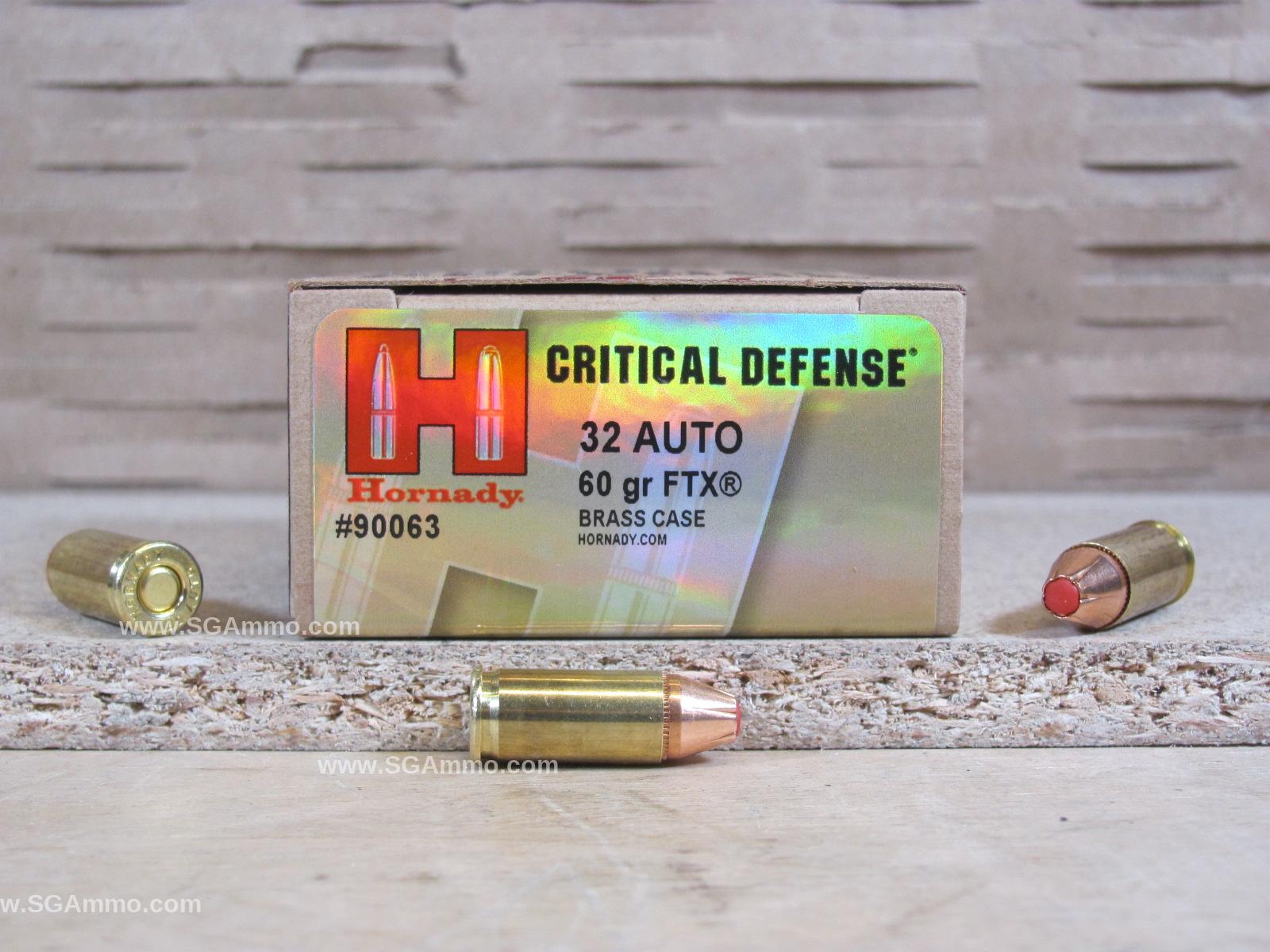 250 Round Case – 32 Auto 60 Grain FTX Hornady Critical Defense Ammo – 90063