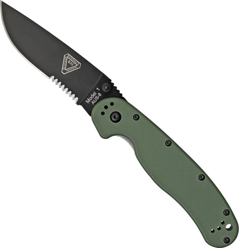 Ontario Knife Company RAT I Serrated Folding Knife, OD Green/Black
