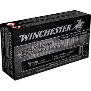 Winchester Ammo SUP9 Super Suppressed 9mm Luger 147 GR Full Metal Jacket - 50rd Box