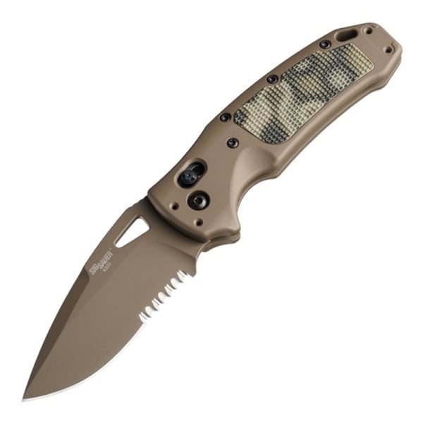 Hogue Sig K320 AXG Scorpion Folding Knife Drop Point Flat Dark Earth Partially Serrated Edge - Durable, Lightweight and Reliable - 36378