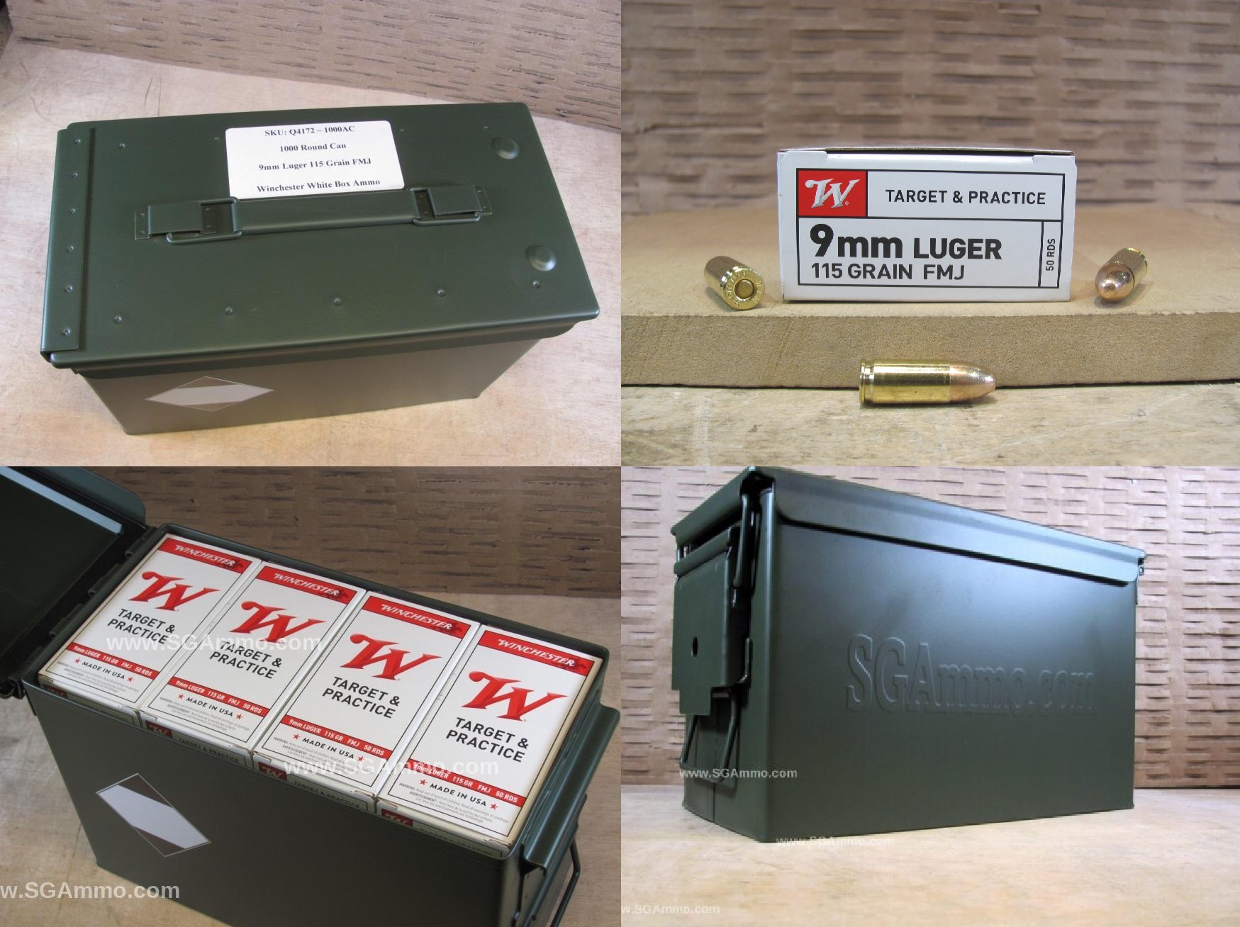 1000 Round Can – 9mm Luger FMJ 115 Grain Winchester White Box Ammo – Q4172 – Packed in M2A1 Canister