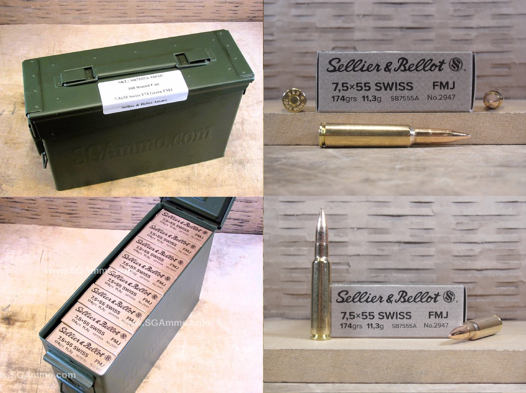 160 Round Can – 7.5×55 Swiss 174 Grain FMJ Sellier Bellot Ammo – SB7555A – Packed in M19A1 Canister