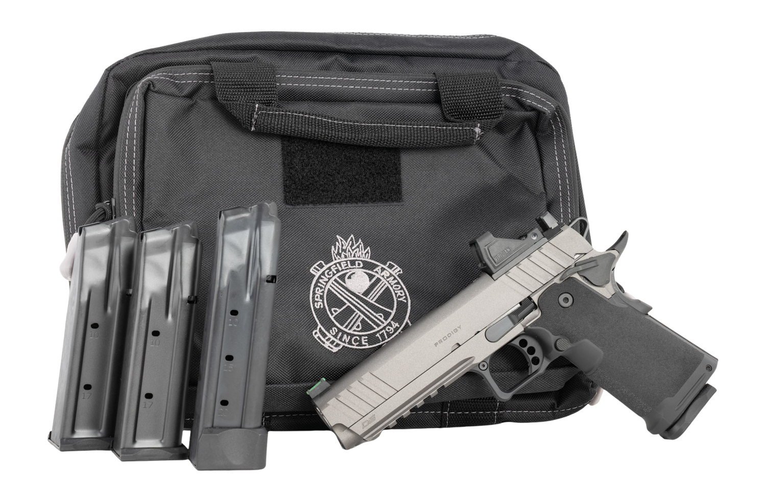 Springfield Prodigy Double Stack 1911 Bundle 5" 9mm (3)17rd/(1)20rd Pistol, Tung/Black With Viridian RFX11 Green Dot Optic and Bag - PH9119AOSBT-PAC