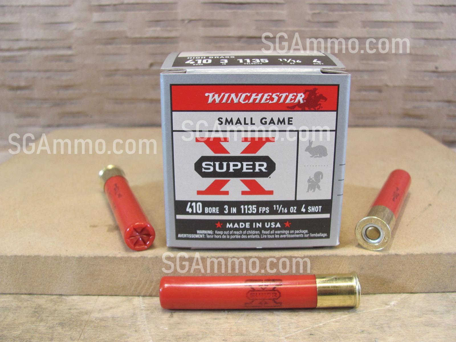 25 Round Box – 410 Gauge 3 Inch 11/16 Ounce 4 Shot 1135 FPS Winchester Super X High Brass Ammo – X4134