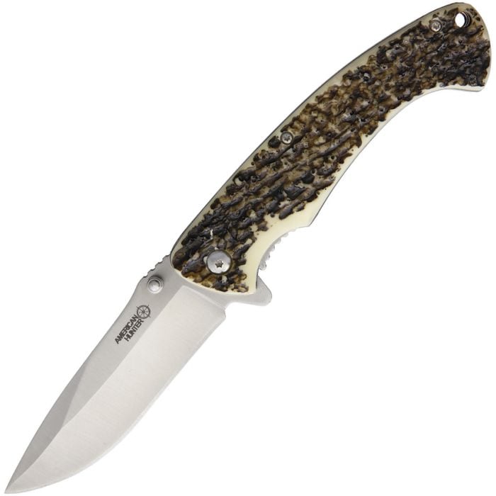 American Hunter Imitation Stag Hunter Assisted Open Drop Point Knife, Brown - AH016
