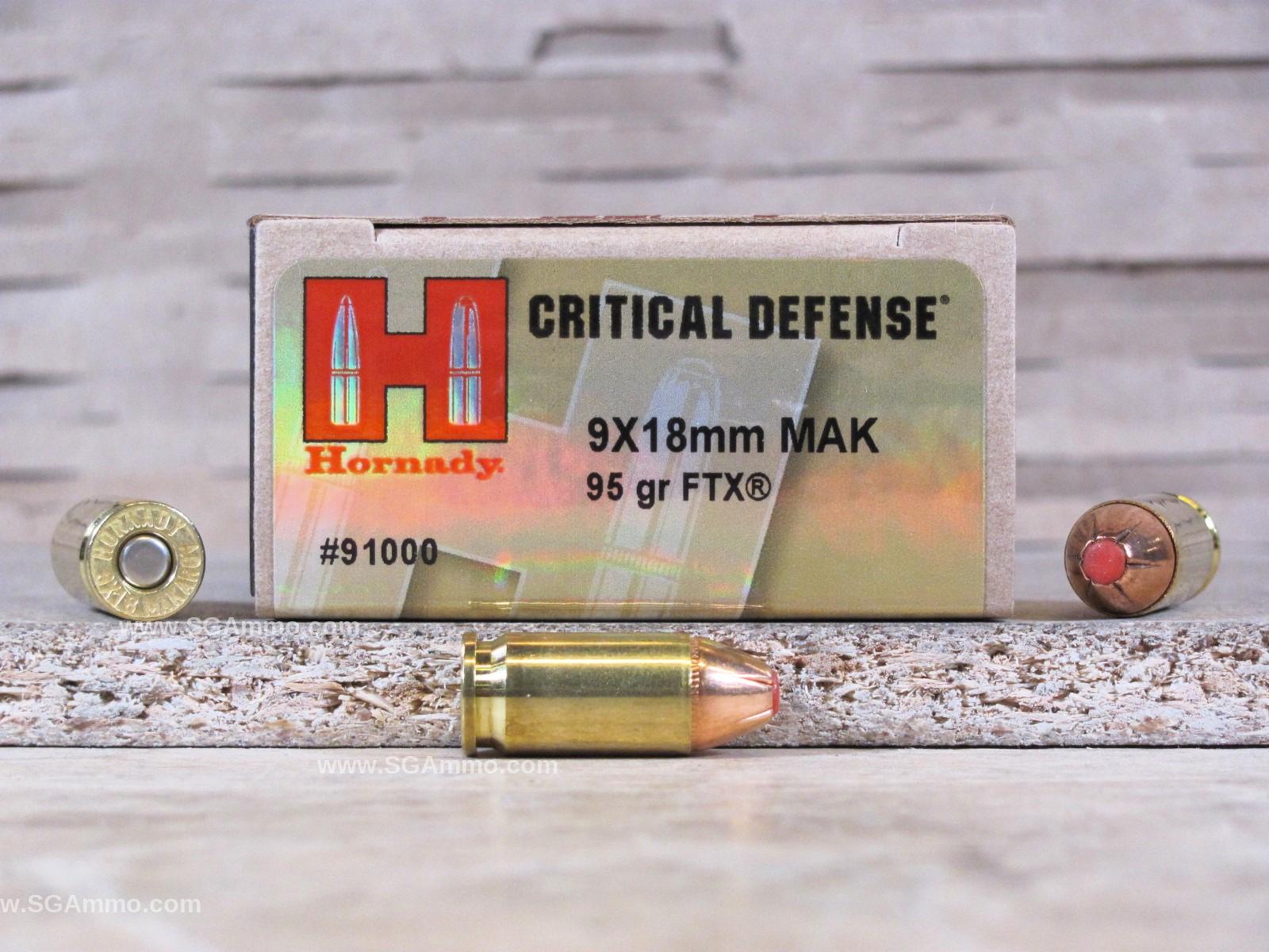 25 Round Box – 9×18 Makarov Hornady 95 Grain FTX Hollow Point Critical Defense Ammo – 91000
