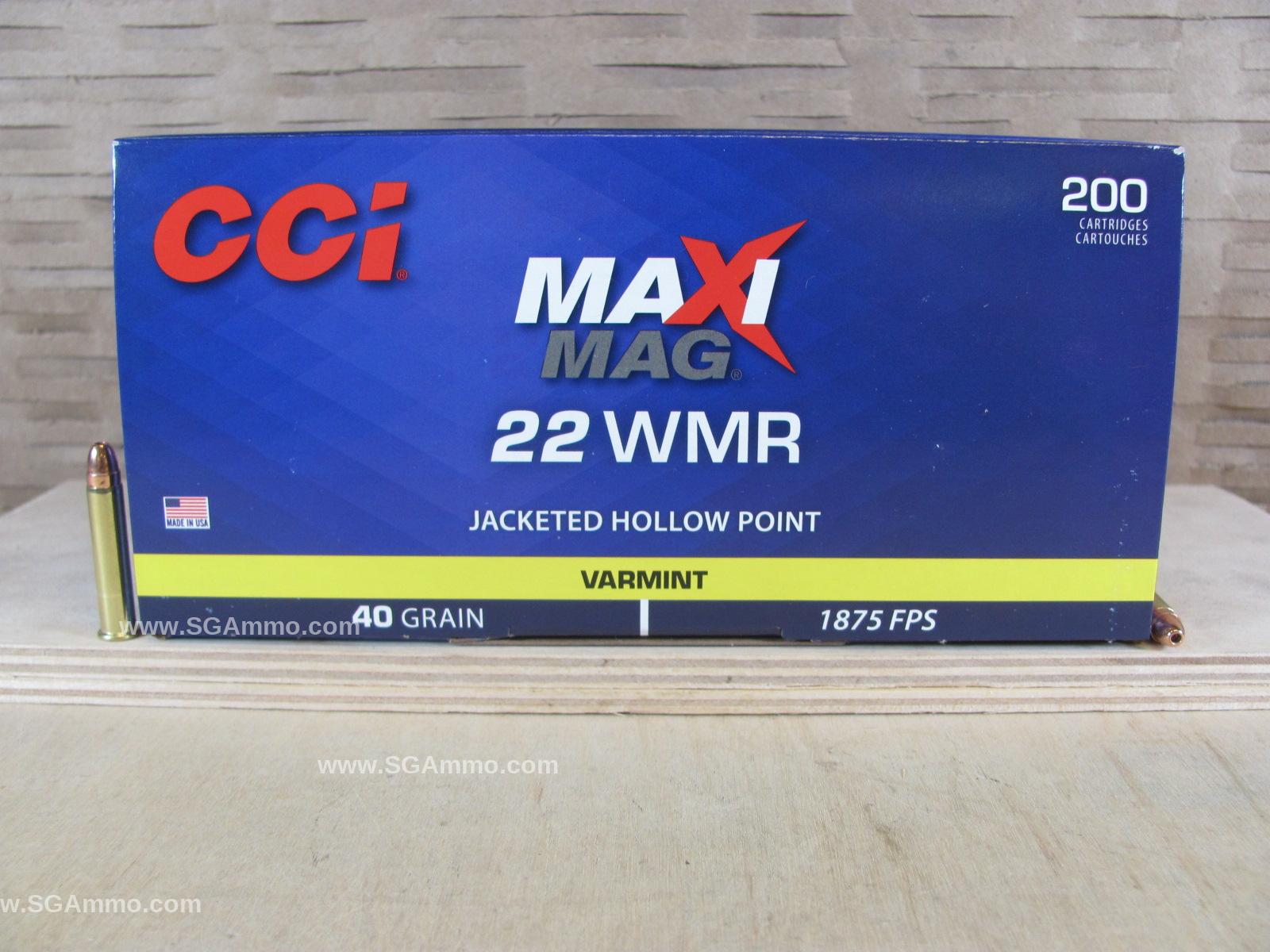 200 Round Brick – 22 WMR 40 Grain Jacketed Hollow Point CCI Maxi Mag Varmint Ammo – 958
