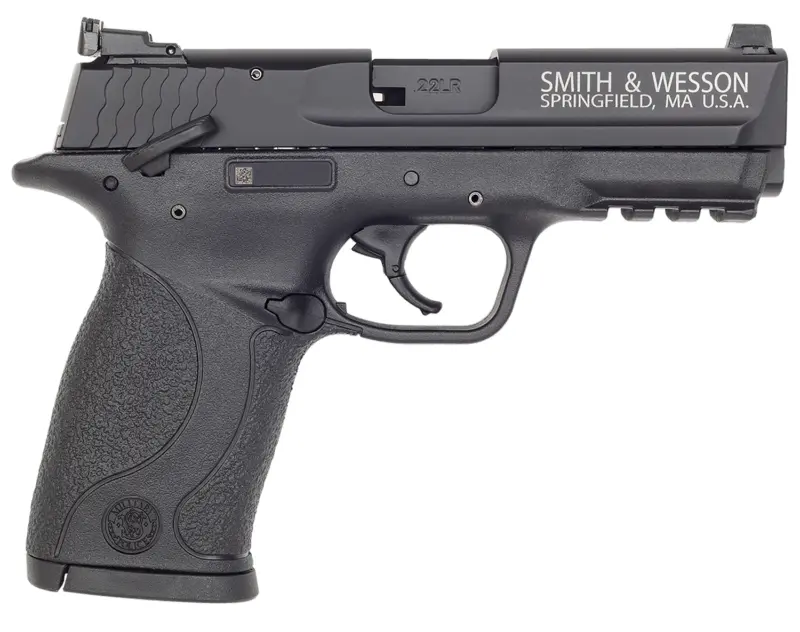 Smith Wesson 108390 M 22 Compact Frame 22 LR 10+1, 3.60" Black Steel Barrel, Black Hard Coat Anodized Serrated Slide, Black Polymer Frame w/Picatinny Rail Frame Grip, Ambidextrous, Thumb Safety
