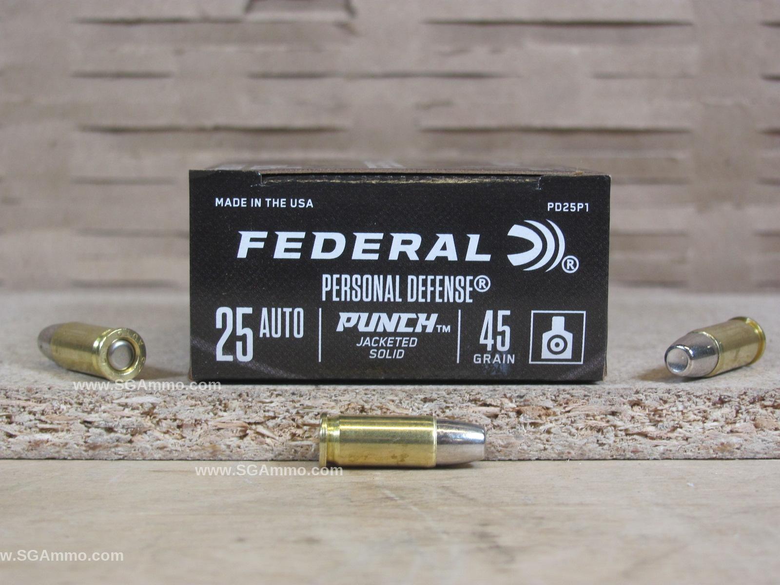 200 Round Case – 25 Auto 45 Grain Punch Jacketed Solid Federal Personal Defense Ammo – PD25P1