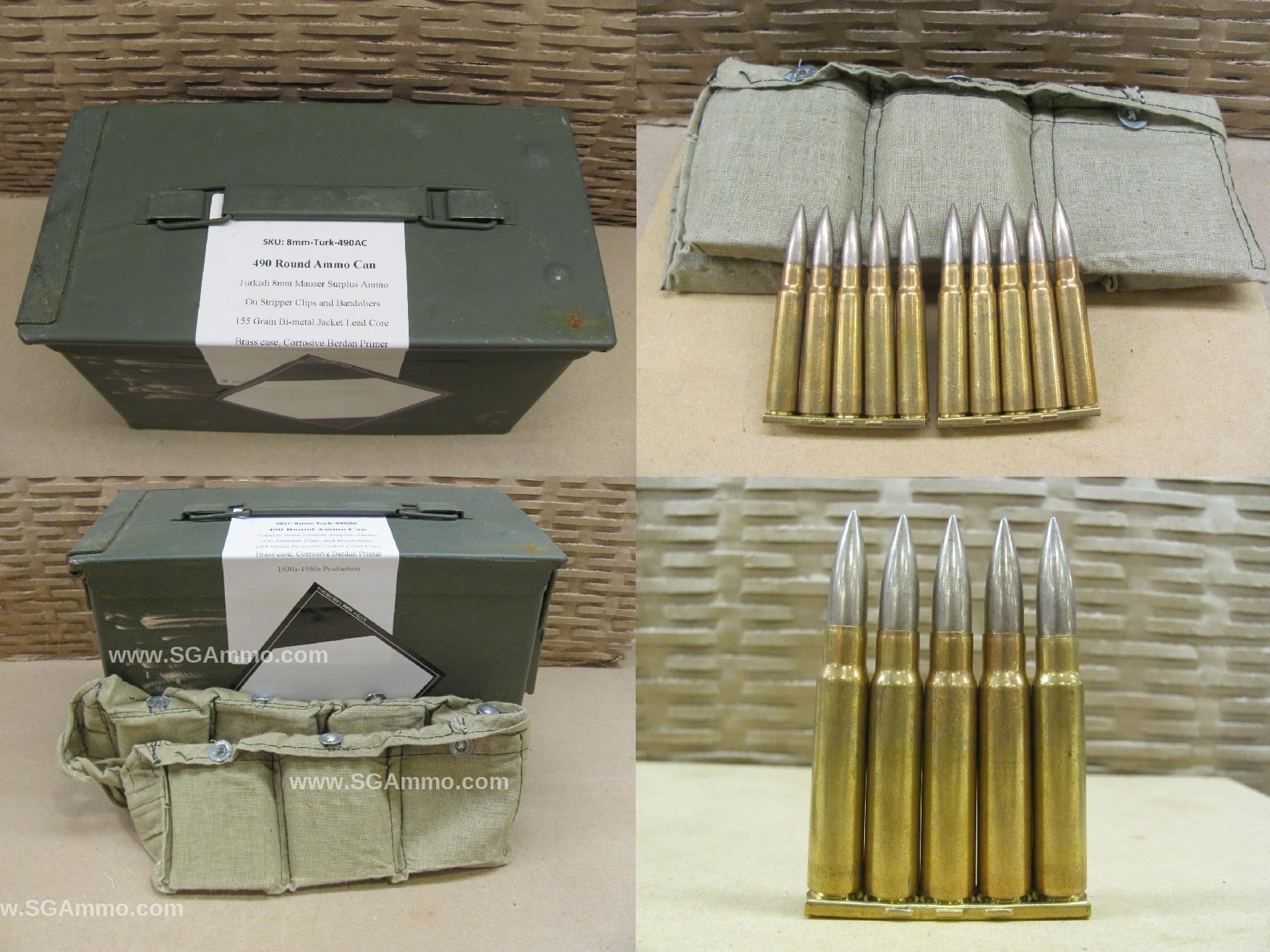 490 Round Can – 8mm Mauser 155 Grain FMJ Turkish Surplus Ammo on Stripper Clips and Bandoliers 1930s-1950s Era Packed In Canister