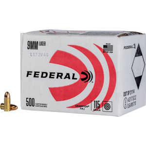 Federal Champion Training 9mm Luger 115gr Full Metal Jacket Brass Case 500 Rounds C9115A500