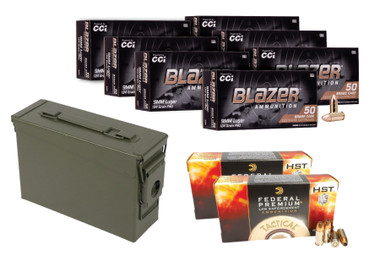 Blazer 9mm FMJ 124 Grain 350 Rds + Federal 9mm HST 124gr 100 Rds + Military Ammo Can
