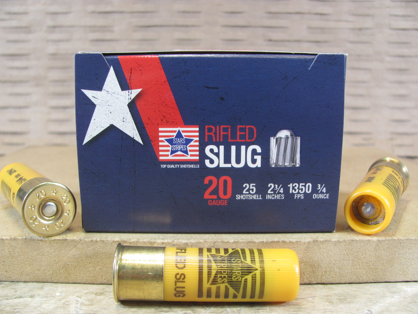 25 Round Box – 20 Gauge – 3/4 Oz Slug – 2.75 inch – 1350 FPS – Stars and Stripes Brand – CSLUG21