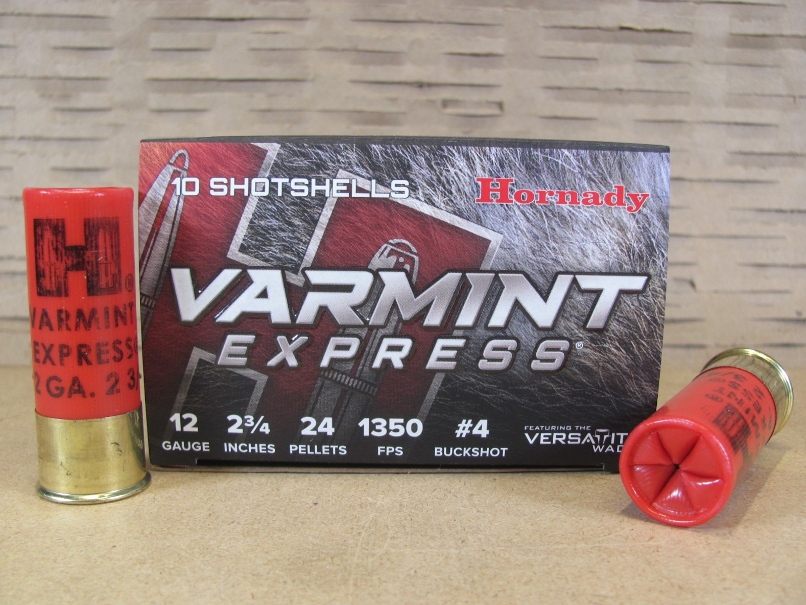 100 Round Case – 12 Gauge 2-3/4 Inch Number 4 Buckshot Varmint Express Hornady Ammo – 86243