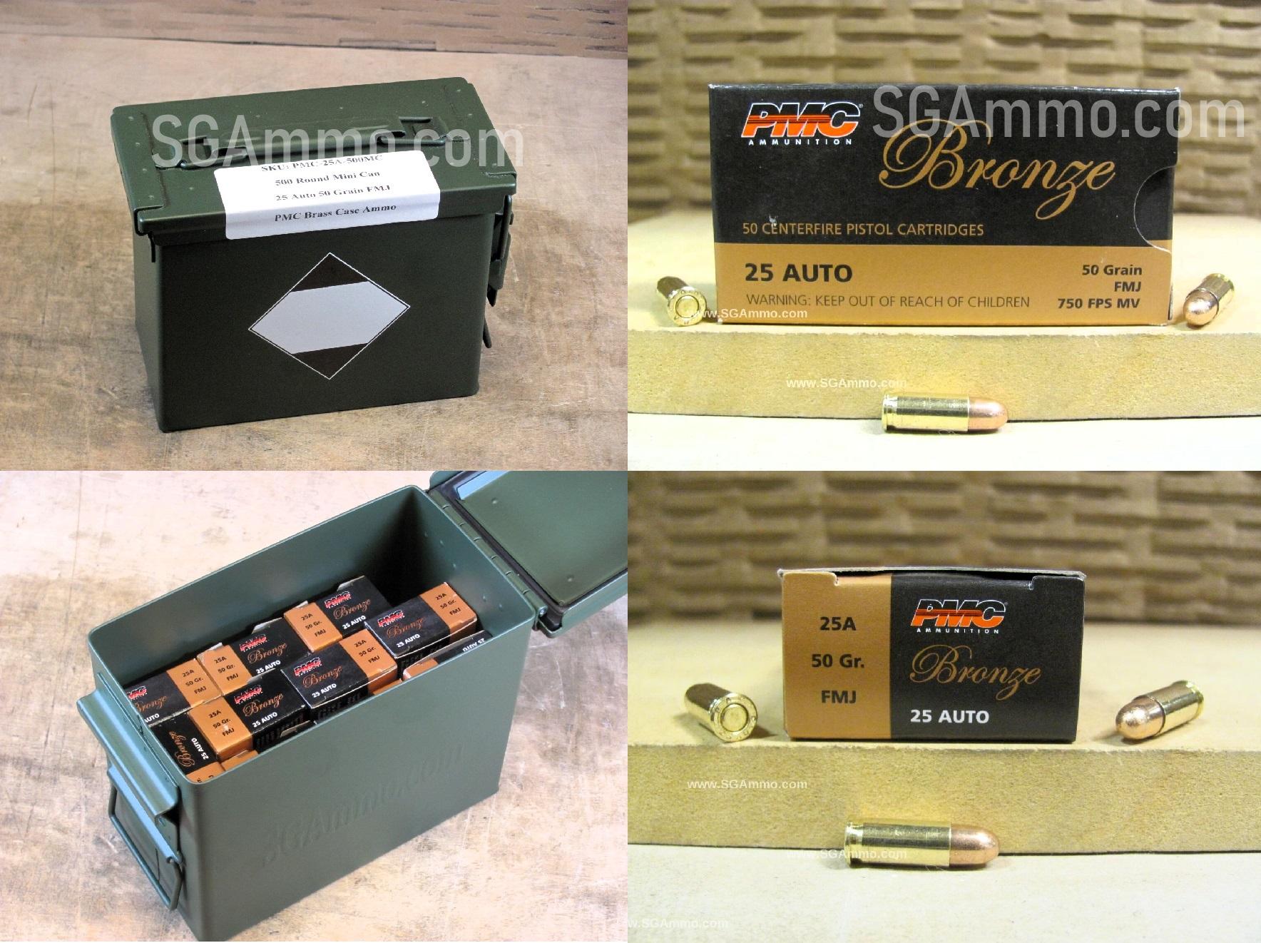 500 Round Can – 25 Auto 50 Grain FMJ Ammo by PMC – 25A – Packed in Mini Canister