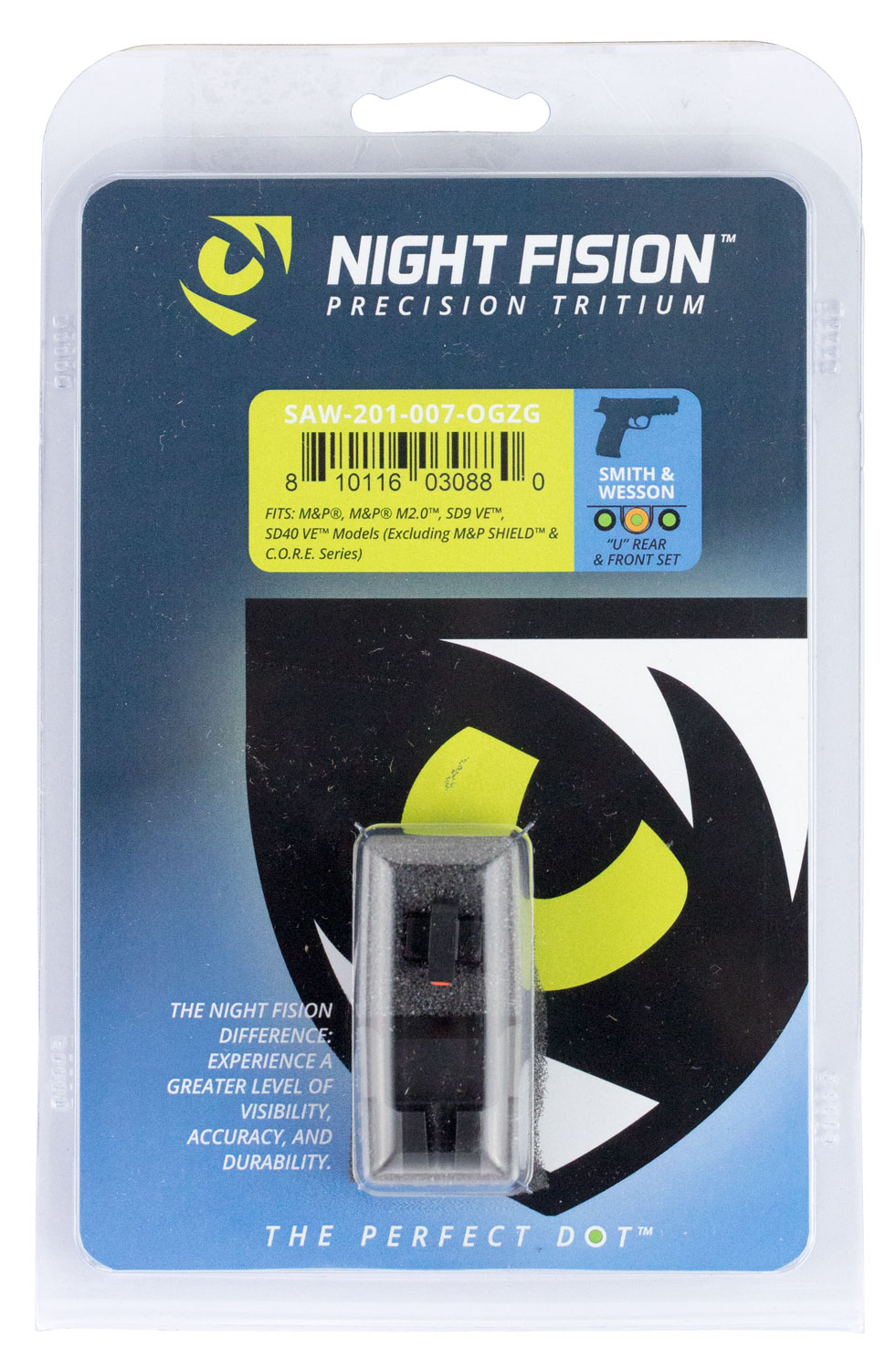 Night Fision Night Sight Set for Smith & Wesson M&P M2.0, SD9 VE Pistols, Green with Orange Square Front, Green with Black U-Notch Rear - SAW-201-007-OGZG
