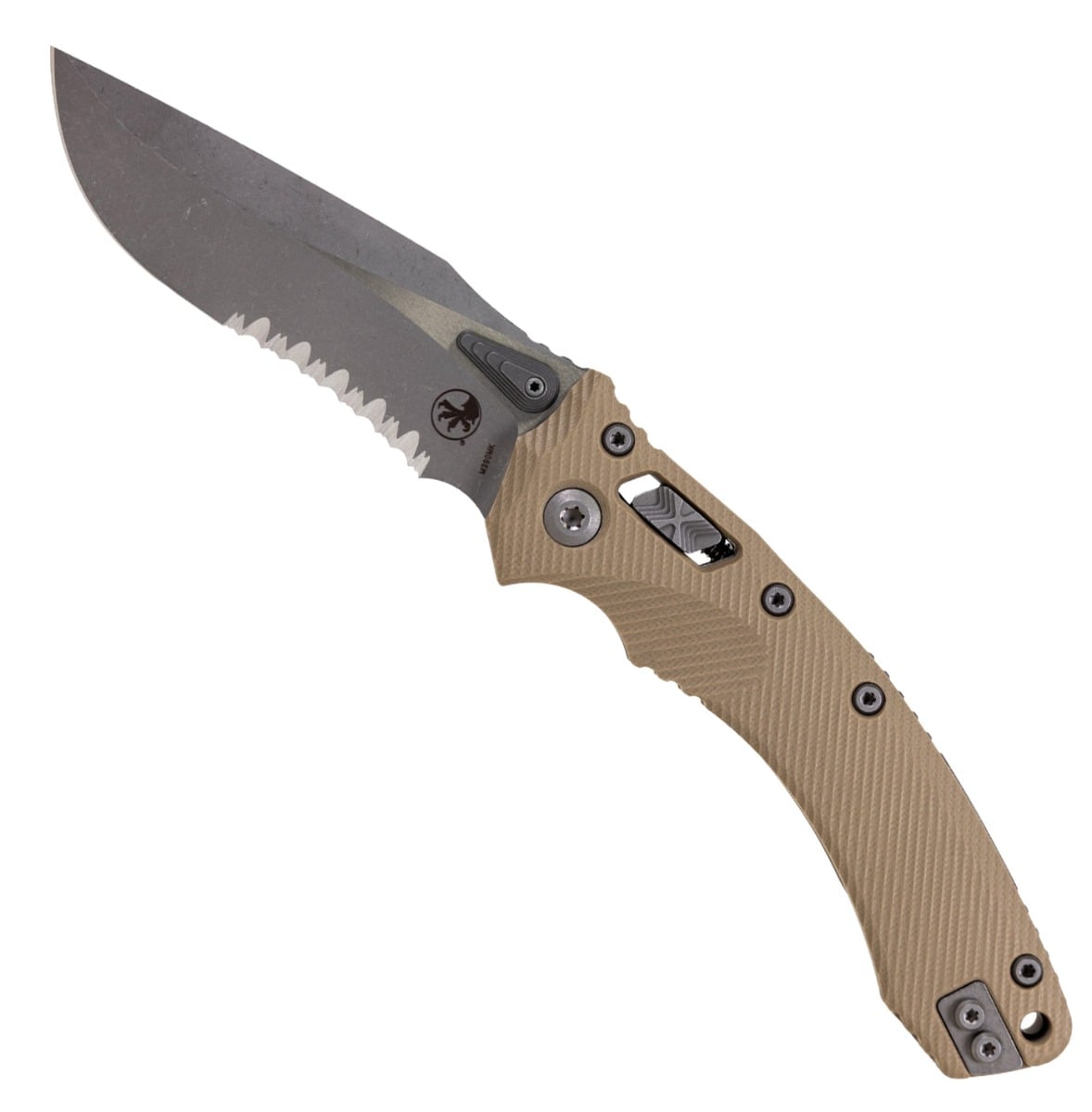 Microtech Amphibian Ram-Lok Apocalyptic Folding Clip Point Knife Serrated, Tan - 137RL-11APFLGTTA